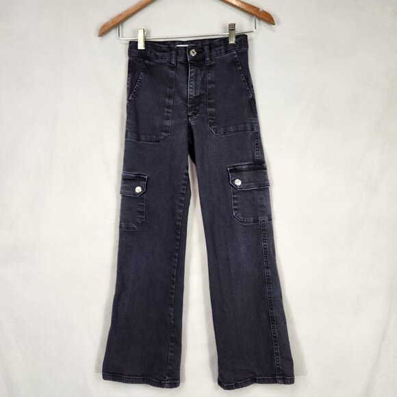 Zara Girls Wide Leg Cargo Pants Size 10 Black Denim Jeans Flare Adjustable Waist - Picture 1 of 10